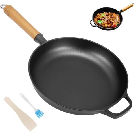 Poêle en fonte à induction - 27 cm - Pour tous les types de plaques de cuisson - Avec double poignée - Poignée en bois massif - Longue durée de vie (1/5)
