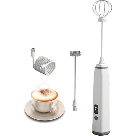 Milchaufschäumer, elektrischer Milchaufschäumer, per USB wiederaufladbar, mit Doppel-Schneebesenkopf mit LED-Anzeige, 3 einstellbare Geschwindigkeiten, für Kaffee, Latte, Cappuccino, Matcha (1/5)