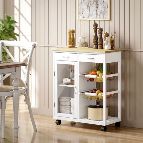 Îlot Central Cuisine à Roulettes Plateau Bambou + Porte Vitrée 67x35x80 cm Blanc (1/5)