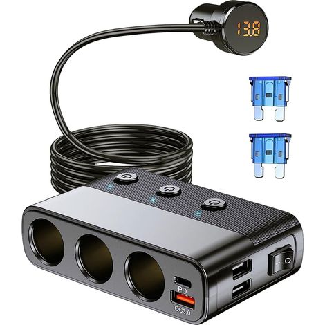Adaptateur allume-cigare 3 prises avec interrupteurs, compatible PD et QC3.0, charge rapide.