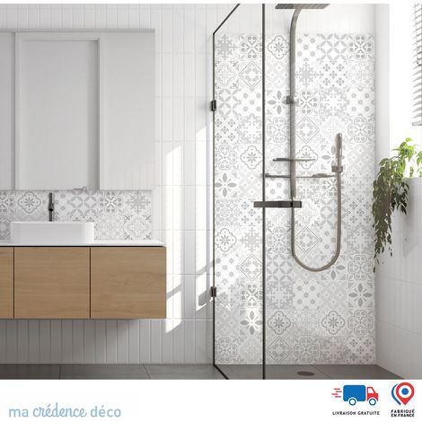 Panneau de douche : Carreaux ciment classique gris - Couleur Gris clair - Alu composite - 100 - 245 (1/3)