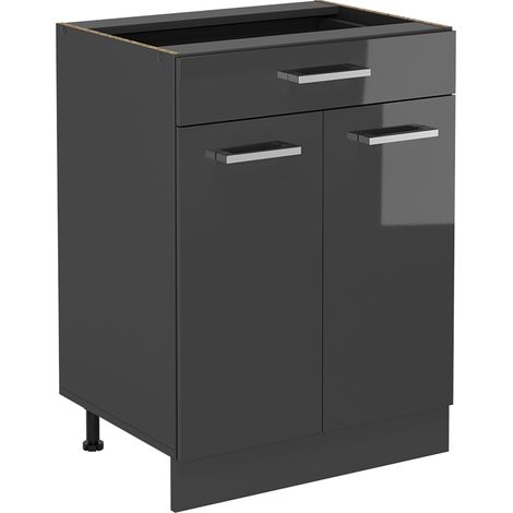 Mobiletto base per cucina R-Line, Antracite lucido, 60 cm con cassetto, senza piano di lavoro, Vicco