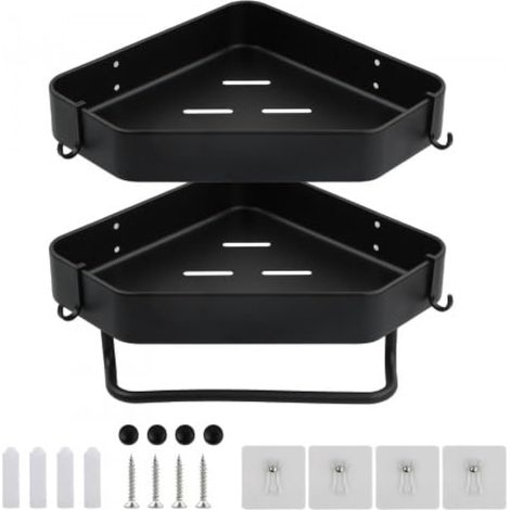 Etagere Salle de Bain Noir 2 Pz, Etagere de Douche sans Percage, Etagère de Douche d'angle, Étagère d'Angle Douche, Etagere Salle Angle de Bain de avec 4 Crochets, Porte Shampoing Douche (1/5)