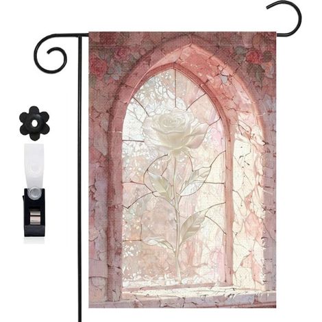 Drapeau vertical rose grimpante et vitrail gothique 30 x 45 cm décoration jardin d'été (1/5)