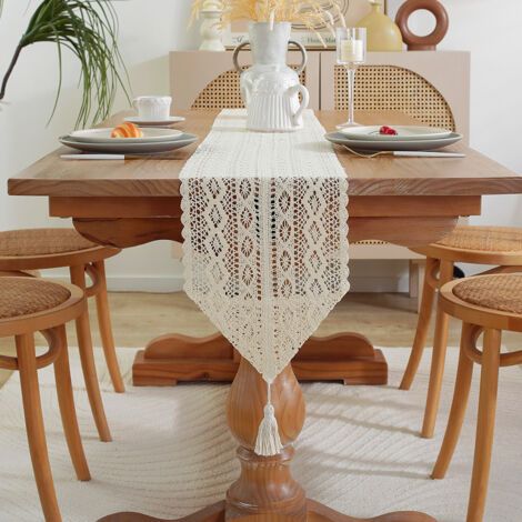 Pair Chemin de table en macramé rectangulaire, dentelle au crochet, élégante nappe en maille pour rustique, crochet, style bohème, vintage, maison de ferme (30x 300cm), style 2