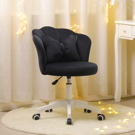 Chaise de bureau en velours noir, design coquillage, pieds blancs, dimensions 51 × 51 × 42 cm (1/2)