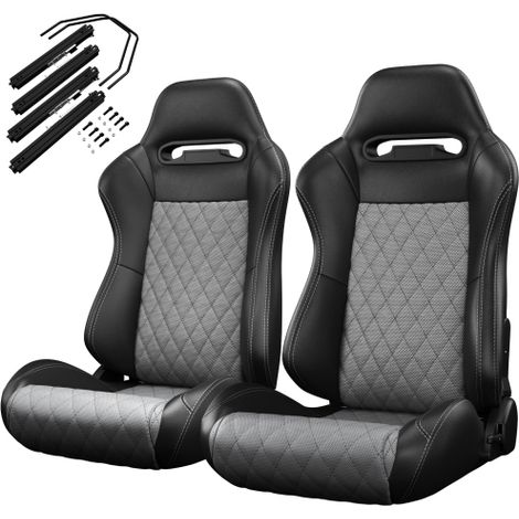 2PC Universal Bucket Racing Seats Grey/Black Stitch Grey/Black PVC Leather Reclinable Carbon Look Leather Grey/Black With Adjustor Slider(Not Including Seat Bracket ) 2 pieces 
On-Site
