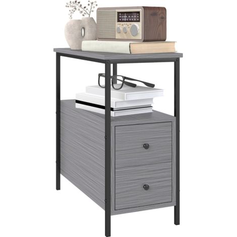 Narrow Side Table with 2 Drawers and Storage Shelf,Industrial Style End Table for Small Spaces,Grey Wood Grain Finish,Metal Frame