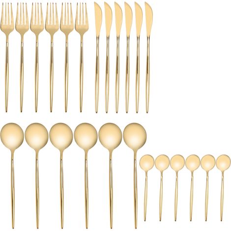 Ensemble de 24 couverts dorés en acier inoxydable antirouille, comprenant couteau, fourchette et cuillère, idéal pour les fêtes, mariages et banquets à la maison. (1/5)