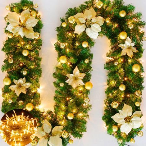 Guirlande de Noël de 2,7 m avec lumières LED, guirlande de Noël décorative en rotin artificiel pour sapin de Noël, affichage intérieur ou extérieur, décoration de Noël pour escaliers (doré) (1/4)