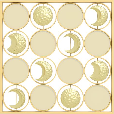 Multidirektionale Mondphasen-Wanddekoration aus Metall mit 16 goldenen Scheiben.
