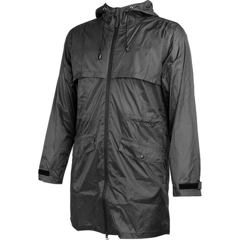 Veste imperméable pour homme en PVC imperméable et coupe-vent, avec capuche et bandes réfléchissantes, idéale pour la randonnée, la pêche et les loisirs quotidiens. Noir, taille L. (1/5)