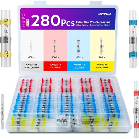 280PCS Cosses Thermorétractables – 4 Types de Connecteurs Étanches pour Câble – Connecteurs à Souder avec Gaine Thermorétractable pour l'Équipement Électrique des Véhicules (1/5)