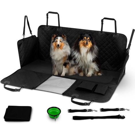 Diese 4-in-1-Autorücksitzdecke für Hunde beinhaltet eine schützende Autorücksitzdecke, eine Ersatzdecke und einen Wassernapf. (1/2)