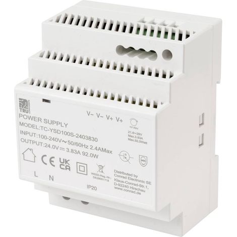 TRU COMPONENTS TC-13710888 Alimentation rail DIN Consommation (veille) 0.3 W 24 V/DC 3.83 A 92 W Nbr. de sorties:1 x Co (1/4)