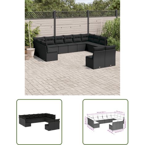 The Living Store 12-tlg. Garten-Sofagarnitur mit Kissen Schwarz Poly Rattan - Gartensofas - Outdoor Möbel - Gartenmöbel Set - Rattan Sofa - Lounge Set (1/3)