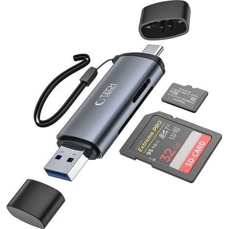 Lettore di schede di memoria SD/micro SD con connettori USB-C/USB-A - grigio