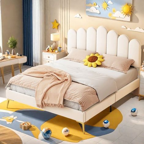 Cama Doble Rembolsada - TANANT - 140x200 cm - Tela de Terciopelo - Beige - Cabecero incluido