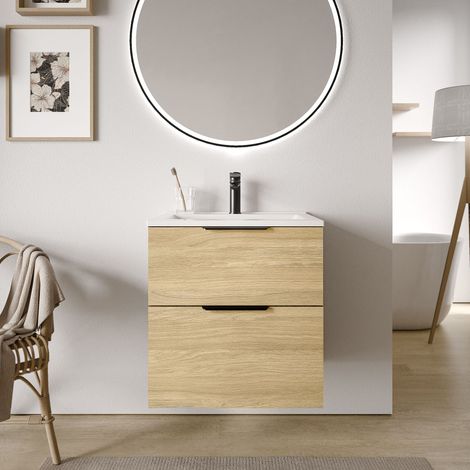 BERNSTEIN - Mobile lavabo da bagno beige 60x46x62cm (LxPxA) 2 cassetti, maniglie cromate - TIM60 Rovere grigio nebbia, cromo