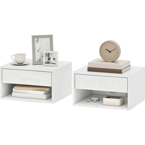 Lot 2 tables chevet murales tiroir compartiment ouvert plateau, 37x32x21 cm, blanc (1/5)