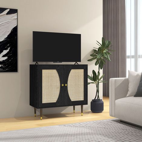Küchen-Sideboard im Bohemian-Design mit Doppeltür, 2 Einlegeböden, Front aus Rattan, 80 x 38 x 79 cm, schwarz
