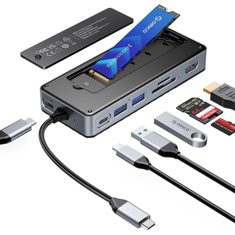 8-en-1 Station d'accueil USB C avec Boîtier SSD M.2, Hub USB C avec SSD M.2 NVMe/SATA, Adaptateur Multiports USB 10Gbps, HDMI 4K@60Hz, 100W PD, SD/TF, Docking Station - OM28P (1/5)