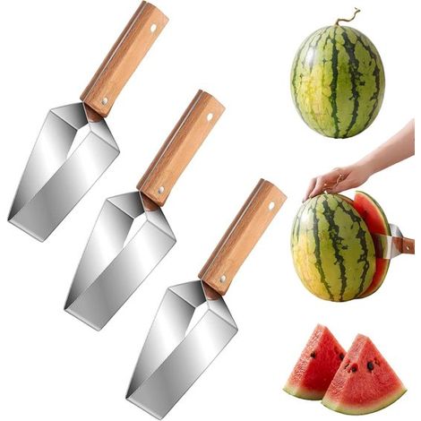 Cortador de sandía, Cortador de fruta, Cortador de melón con mango de madera, Juego de 3, Triangular, Para melón, manzana y melón verde, 25 cm (1/5)