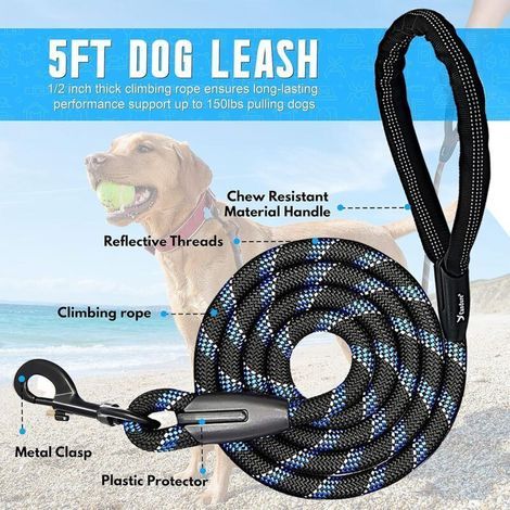 Laisse pour chien avec poignée rembourrée souple et corde antidérapante – idéale pour dressage, jogging et randonnée (noir) (1/3)