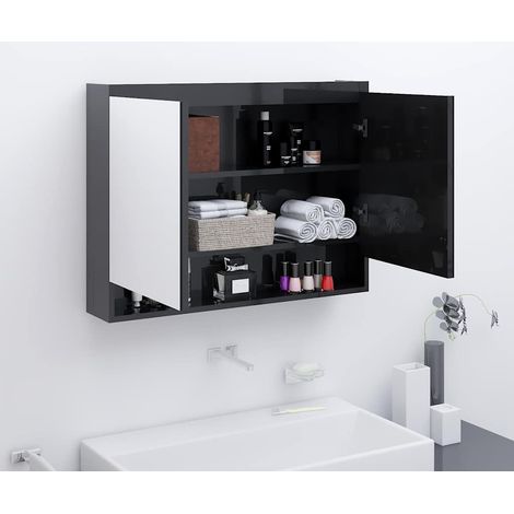 Armoire murale de salle de bain à miroir - Meuble de rangement 80x15x60 cm MDF Noir brillant BV669329 - BonneVie (1/5)
