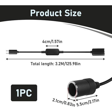 USB C vers Allume Cigare, Adaptateur USB C 12V Voiture, Câble USB C Mâle vers Allume Cigare avec Interrupteur de Tension 12V et Voltmètre LED pour GPS Voiture DVR, Éclairage LED, Câble Long 3,2M