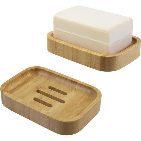 Set of 2 Natural Wood Bamboo Soap Dish Holder for Bathroom Kitchen Sponges Storage Accessories (1/5)