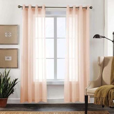 Rideaux Voilage Transparent L140x H225cm Panneaux à Anneaux - Look Lin uni pour Salon et chamLre (Rose) (1/5)