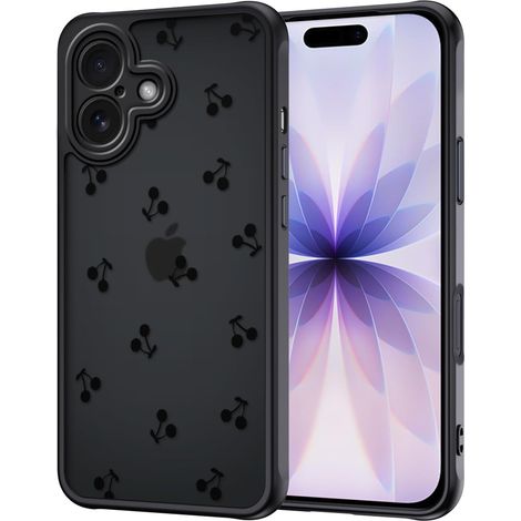 Coque pour iPhone 17, Aesthetic Cerise Motif Étui Translucide Mat Silicone TPU + PC Anti-Jaune Antichoc Housse Protection de la Caméra Bumper Case pour Filles Femme, Noir (1/5)