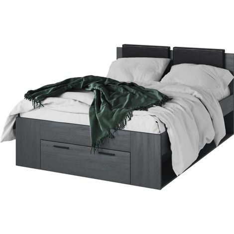 Cama de adulto 140x200 con somier y cajones integrados - Colección FLOYD. Color gris efecto madera.