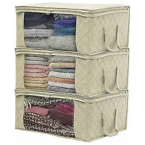 Set mit 3 faltbaren Aufbewahrungsboxen aus Stoff, Aufbewahrungstaschen mit Reißverschluss für unter das Bett, ideal für Decken und Kleidung, 49 x 36 x 21 cm, beige