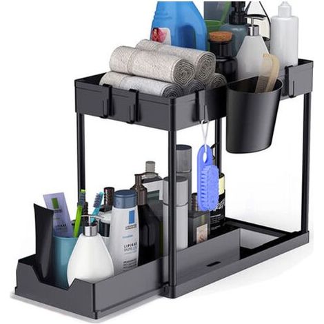 Rangement sous Évier - Organisateur sous Evier Tiroir Coulissant à Extraction - Rangement Et Organisation De Cuisine - Panier de rangement multifonction pour salle de bain - Noir (1/5)