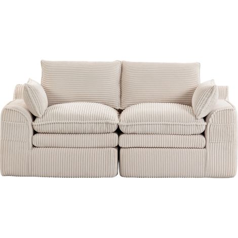 Sofá modular de 2 plazas en pana beige con cojines y bolsillos laterales (1/5)