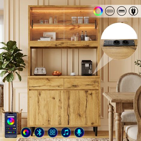 Armario buffet alto 100x40x185 cm para comedor, con múltiples estantes, enchufe integrado y puertos USB-C y USB-A, tira de luz LED color – acabado roble (1/5)