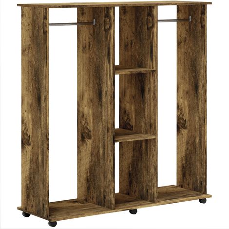 Open Wardrobe Double Mobile Storage Shelves Organizer W/6 Wheels-Rustic Brown