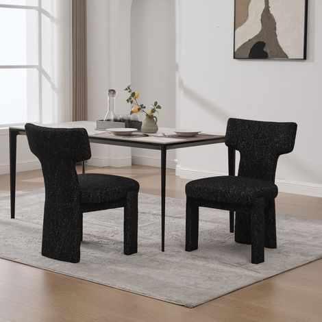 Lot de 2 fauteuils d’appoint en chenille noir gris avec dossier courbé, sans accoudoirs, pieds en hévéa, assise rembourrée, salon café (1/5)