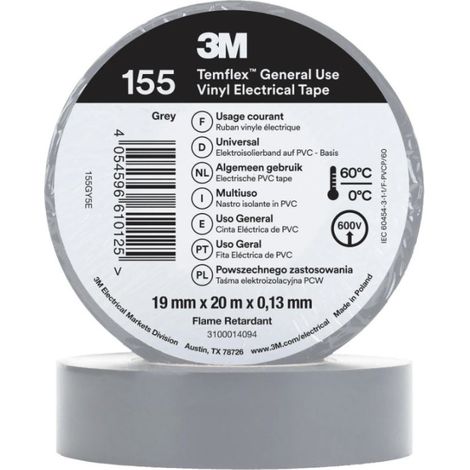 Lot de 5 rouleaux de ruban isolant PVC gris 3M (19 mm x 20 m) Ruban isolant universel 600 V Protection des câbles (1/5)