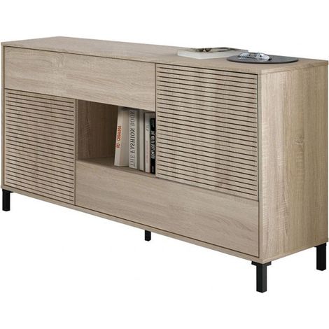 Buffet avec 2 portes et 2 tiroirs coloris chêne canadien / impression digitale - Hauteur 80 x Longueur 151 x Profondeur 41 cm -PEGANE-