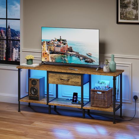 Meuble TV LED 120cm avec Prise, pour TV jusqu'à 55", Marron Rustique (1/5)