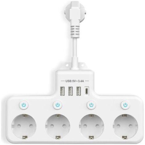 Prises Multiples avec USB, Multiprise 4 Compartiments avec Interrupteur Unique Multiprise avec 3 USB & 1 Type-C (5V 3.4A) pour Cuisine Salon Chambre Bureau (1/5)