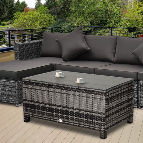 Mesa auxiliar de jardín en poliratán gris, rectangular, con tablero de vidrio templado, resistente a la intemperie (1/5)