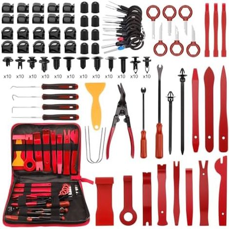330 Pièces Outils De DéMontage Garnitures Trousse, Outil Demontage Garniture Voiture, avec Ensemble à Pince et Extracteur D’Attaches, pour Voiture Porte Panneau Tableau de Bord, Rouge - (1/5)