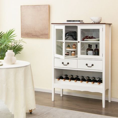 Cantinetta per vino in pino con 2 ante e 2 cassetti e portabottiglie aperto antiribaltamento