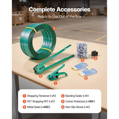 Kit Cerclage Feuillard PET 457 m Kit Cerclage Palette avec Outil et Tendeur pour Emballage Entrepôts Déménagement Stockage Transport Marchandises, 450 Scellés Métal, 150 Protections Angle, Gants (1/5)