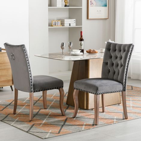 Sillas de comedor 2 piezas con llamador único trasero y clavos patas de madera acolchado asiento de terciopelo gris