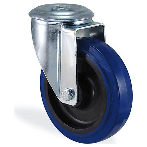Roulette à oeil pivotante caoutchouc elastique bleu diamètre 80mm charge 80kg